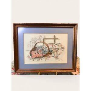 Lot of 2 Vintage Framed Cross Stitch Art Cottagecore Floral Grannycore